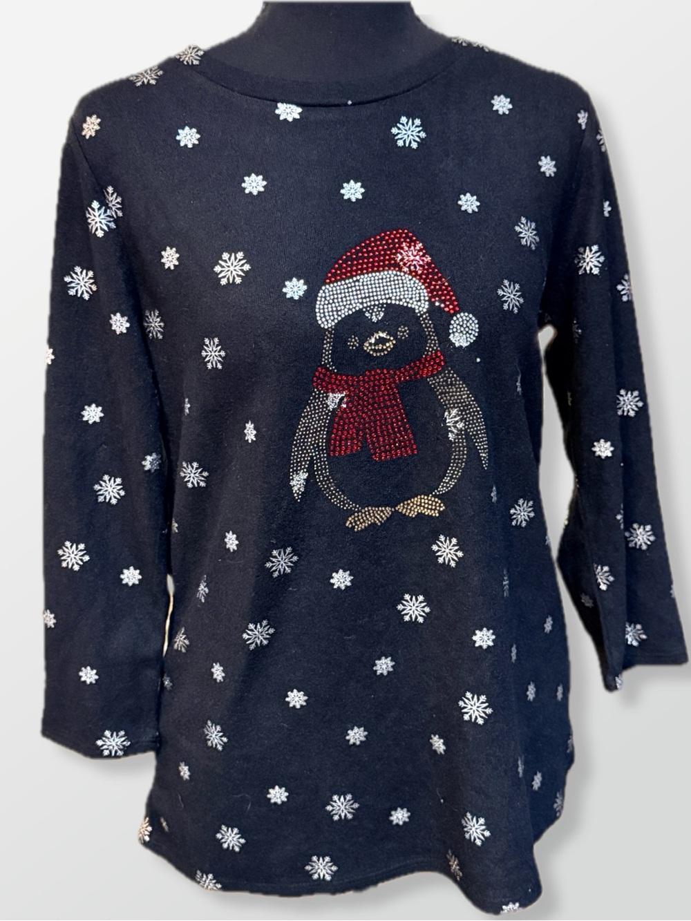 Women's Black Long-Sleeve Penguin Holiday Top with Rhinestone Accents size M